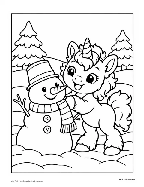Uni hugs a smiling snowman wearing a hat and scarf