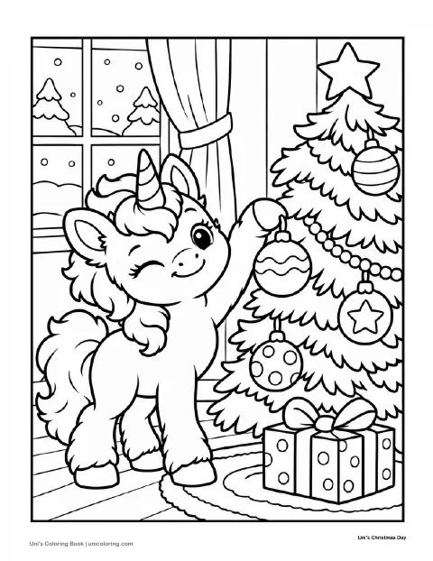 Uni decorates a Christmas tree with round ornaments and a star on top