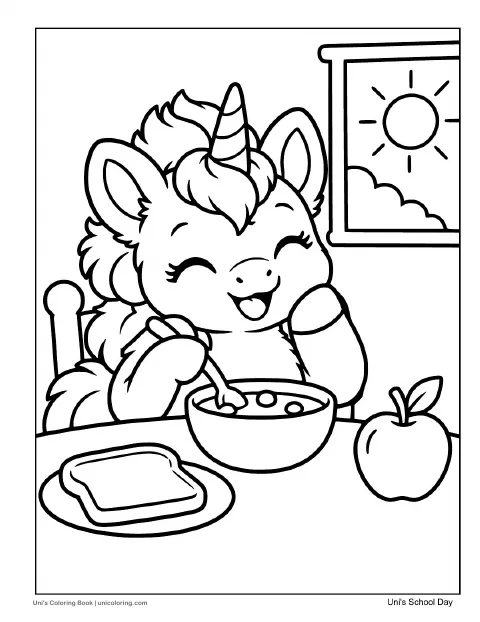 Uni eats breakfast with a bowl, a slice of toast, and an apple