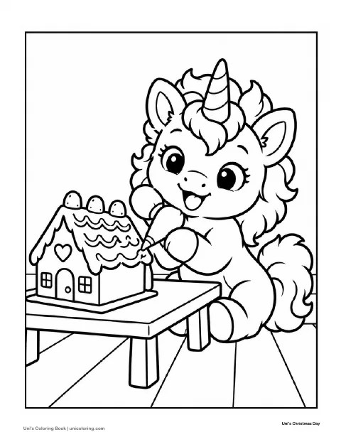 Uni decorates a little gingerbread house at a table