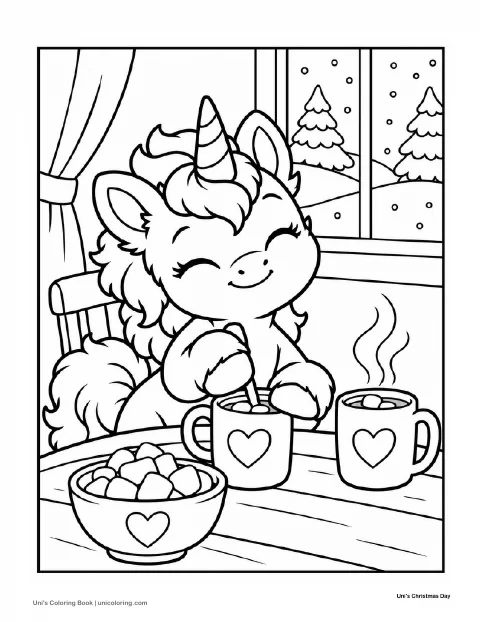 Uni stirs hot chocolate beside a second mug and a bowl of marshmallows