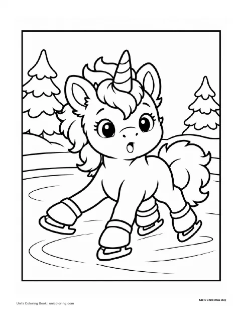 Uni wears a scarf and ice skates on a frozen rink among snowy trees