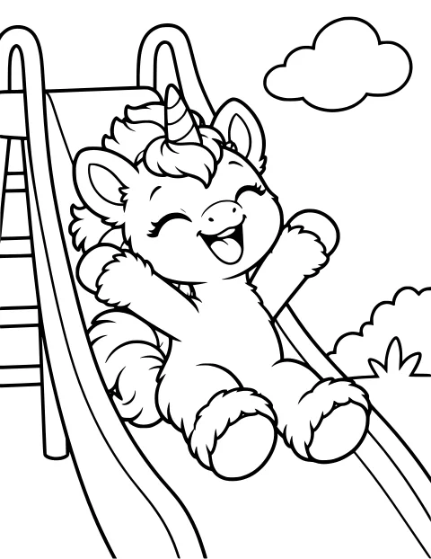Uni smiles while sliding down a playground slide on a happy school day