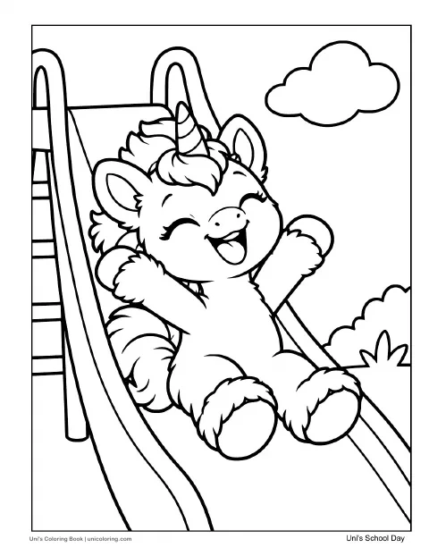 Uni smiles while sliding down a playground slide on a happy school day