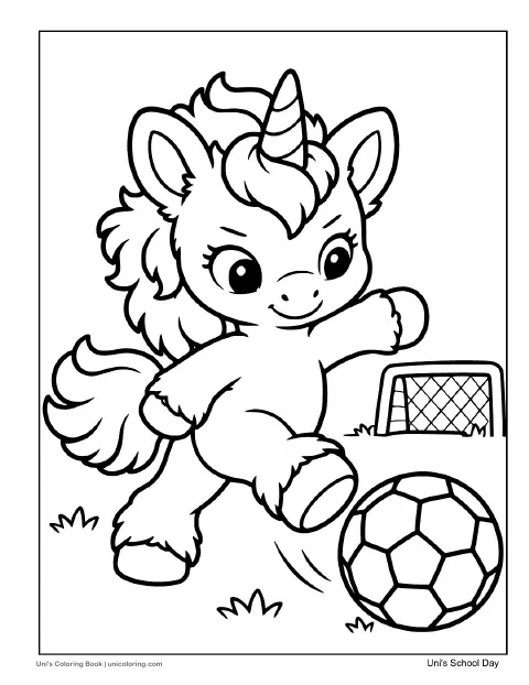 Uni plays with a soccer ball on the grass near a goal