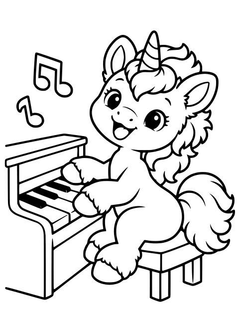 Uni plays a little piano with musical notes floating overhead