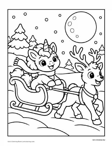 Uni rides in a sleigh pulled by a reindeer beneath a moonlit snowy sky