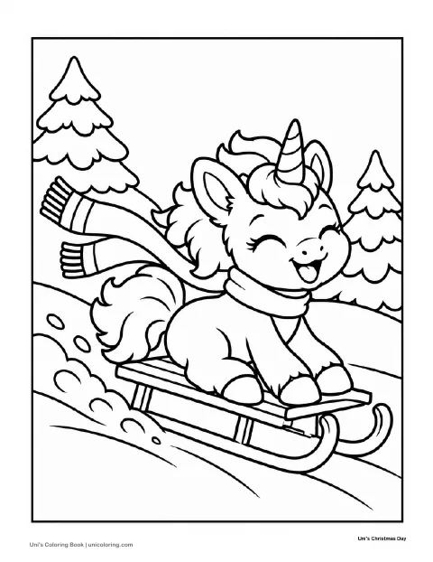 Uni rides a sled down a snowy slope with a scarf trailing behind