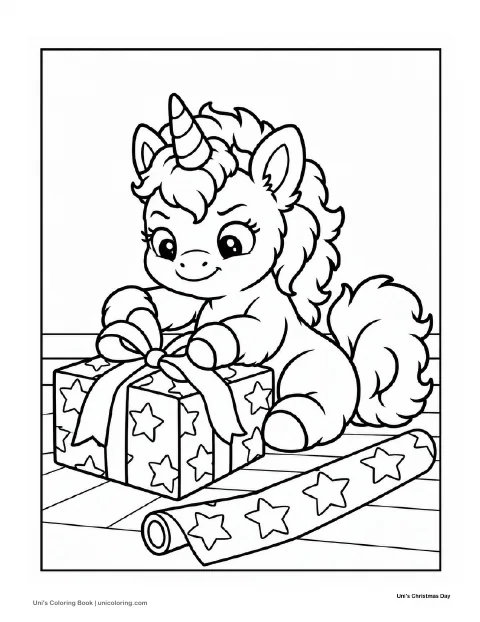 Uni wraps a star-patterned gift with ribbon and a bow